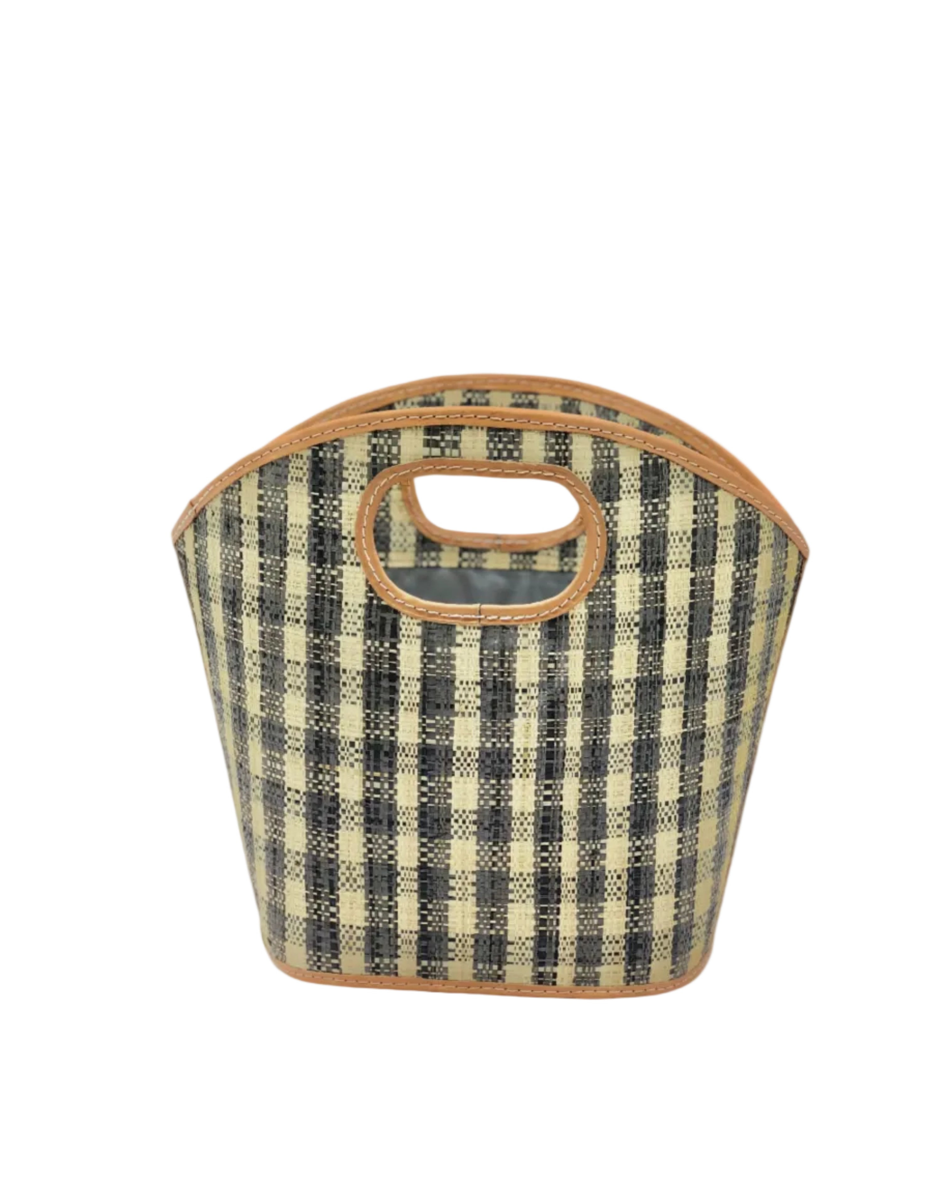 Ricky grey and natural straw color loomed raffia gingham pattern bucket shape handbag with leather accents purse bag - Shebobo