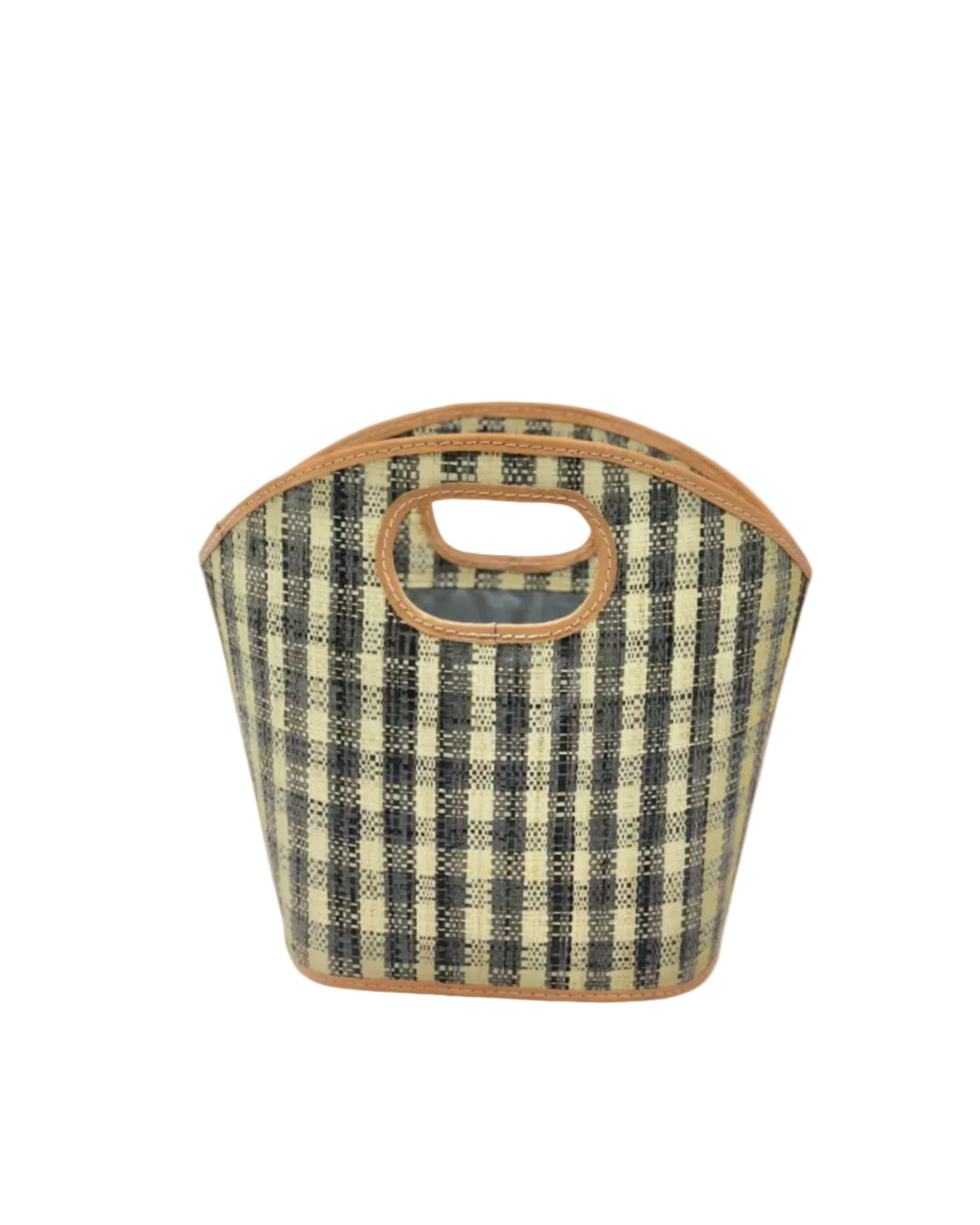 Ricky Straw Bucket Handbag handmade loomed raffia in grey and natural gingham plaid pattern with leather finishes purse - Shebobo