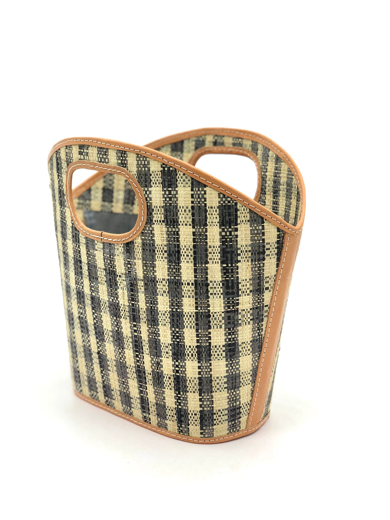 Ricky natural and grey gingham raffia straw bucket handbag purse bag side view details - Shebobo