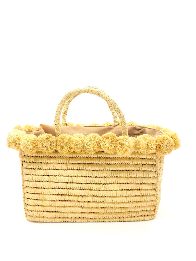 Rico natural raffia palm fiber hand crochet loop technique cute rectangle shape straw basket handbag with top edge of pompoms purse braided handle bag - shebobo