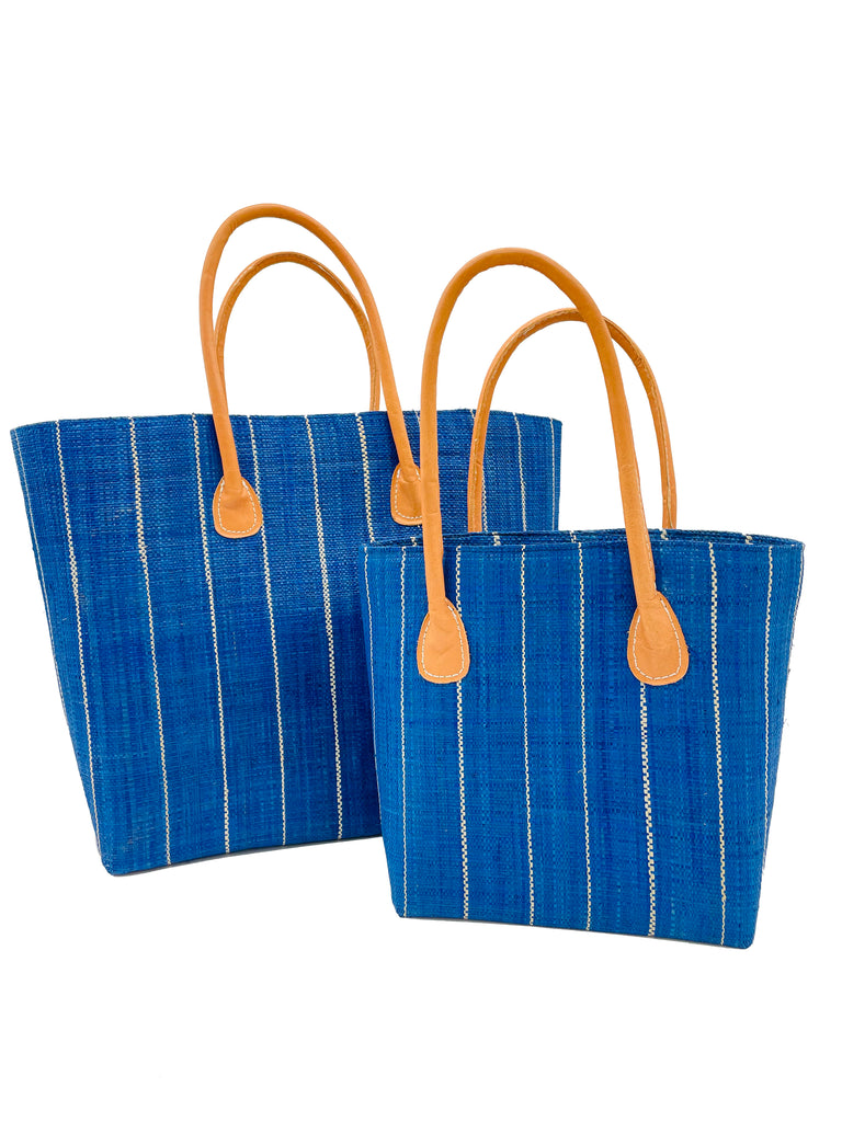 Soubic basket bag small or large handmade loomed raffia palm in navy blue and natural vertical pinstripe pattern with leather handles - Shebobo