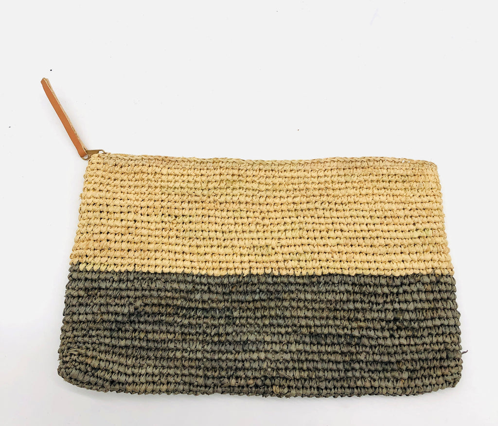 Stella Two Tone Crochet Straw Clutch handbag color block natural raffia top with grey bottom handmade purse with zipper closure and leather pull pouch bag - Shebobo