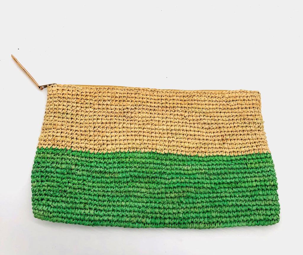 Stella Two Tone Crochet Straw Clutch handbag color block natural raffia top with mint light green bottom handmade purse with zipper closure and leather pull pouch bag - Shebobo