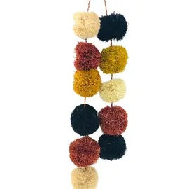 Boho Browns Strand Pompoms Charm Embellishment multiple handmade multicolor caramel brown, black, natural, and saffron yellow raffia pompoms attached to raffia cord - great for beach bag flair or decor - Shebobo