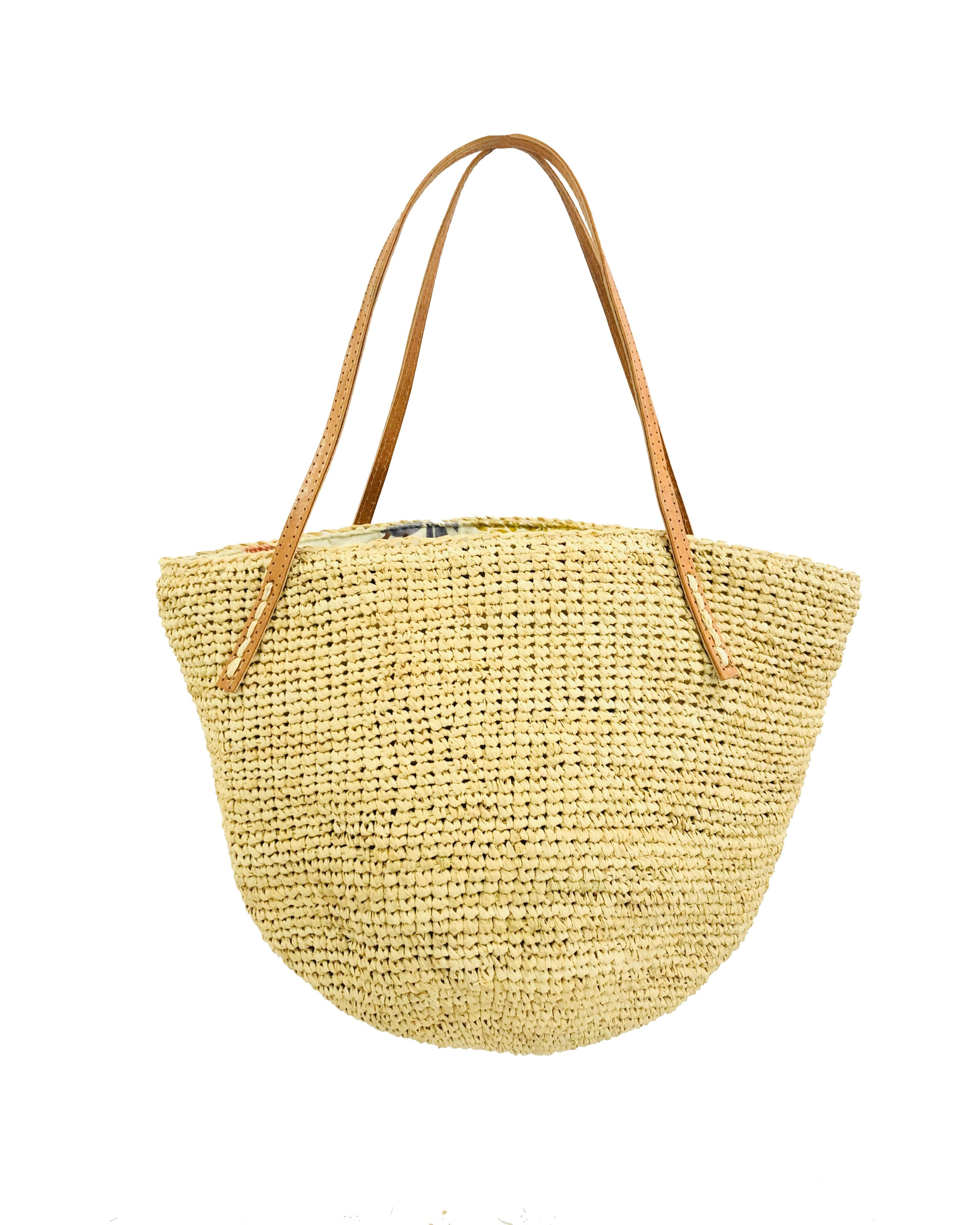 Tika hand crochet bucket shape straw purse handbag with leather handles in natural raffia straw color bag - Shebobo