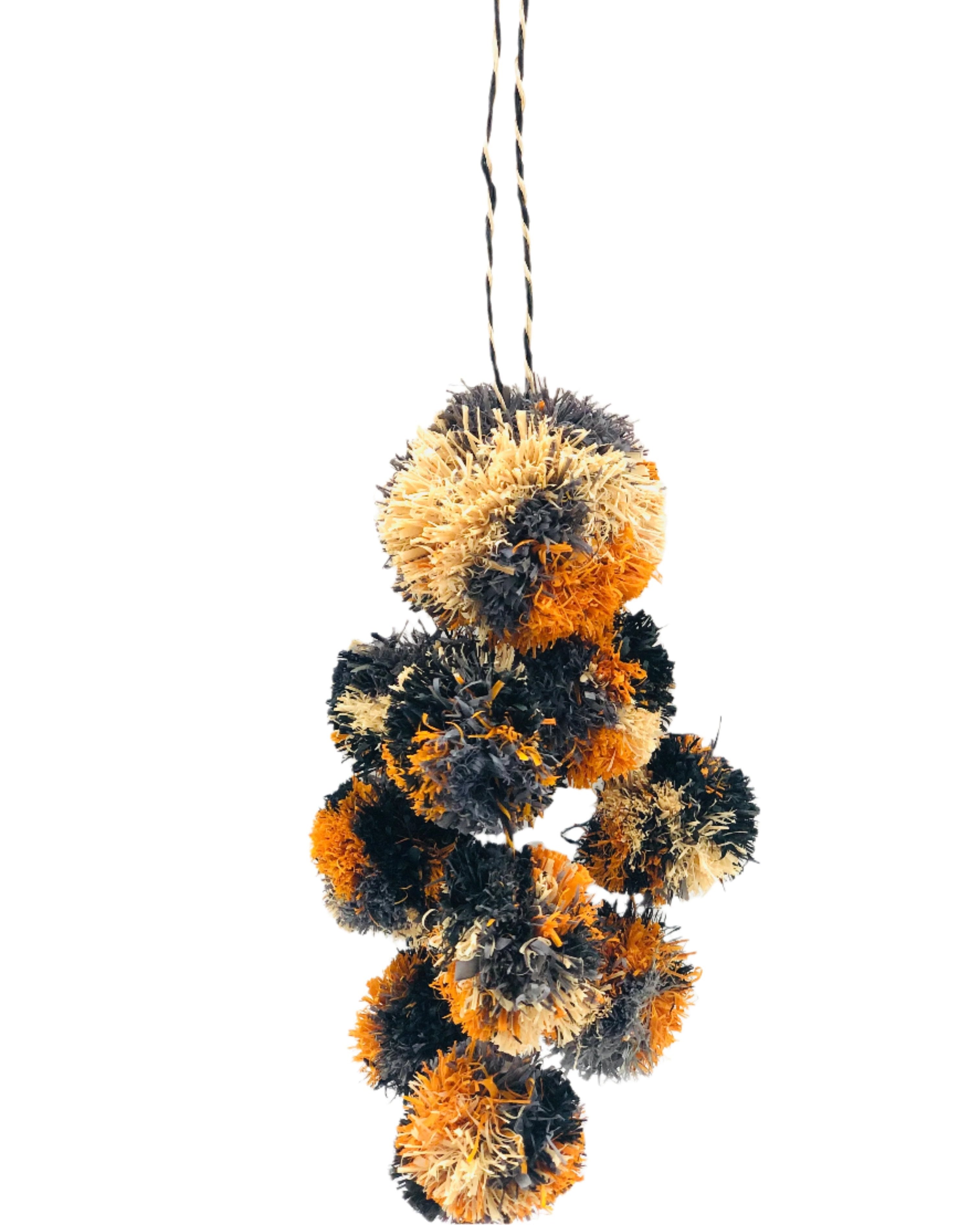 Waterfall Pompom Saffron Multicolor Multiple Raffia Poufs Charm handmade bag embellishment or decor saffron yellow, natural, grey, and black straw ornamentation - Shebobo