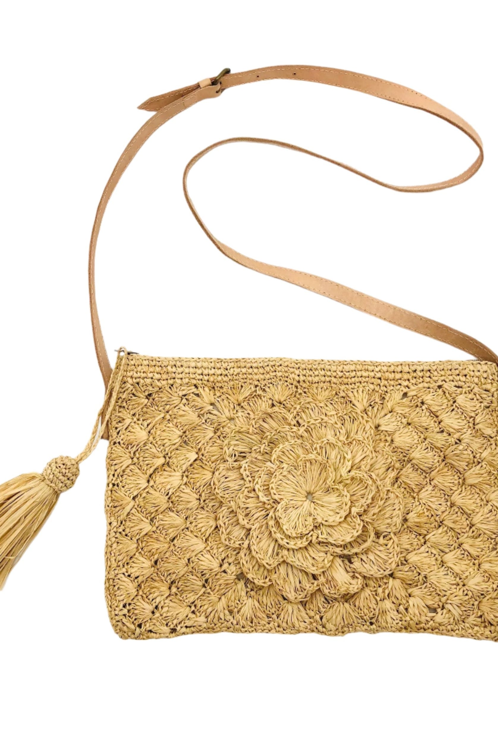 ZaZa Flower Hand Crochet Natural Raffia Palm Fiber Crossbody Bag with adjustable leather strap, zipper closure, and tassel zipper pull in natural straw color textured purse straw handbag - Shebobo
