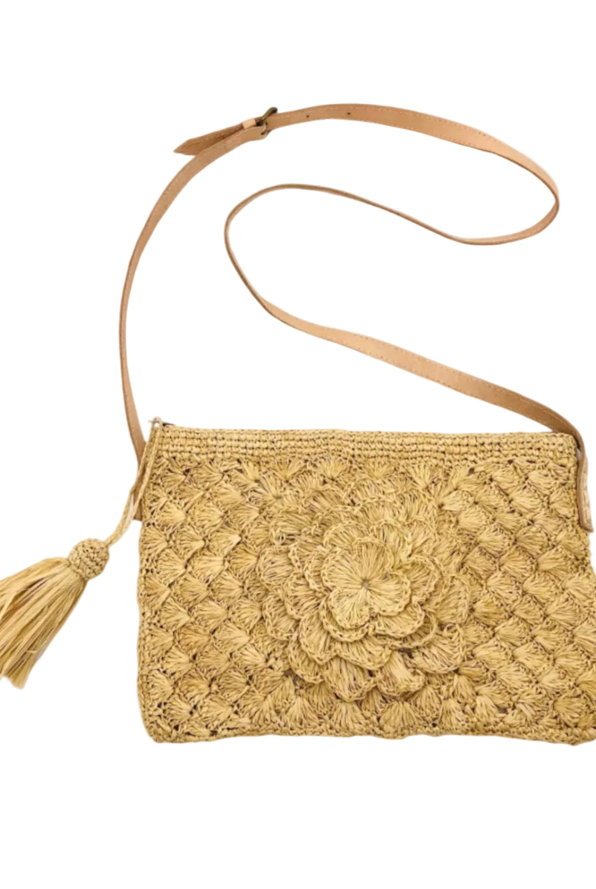 ZaZa Flower Hand Crochet Natural Raffia Palm Fiber Crossbody Bag with adjustable leather strap, zipper closure, and tassel zipper pull in natural straw color textured purse straw handbag - Shebobo