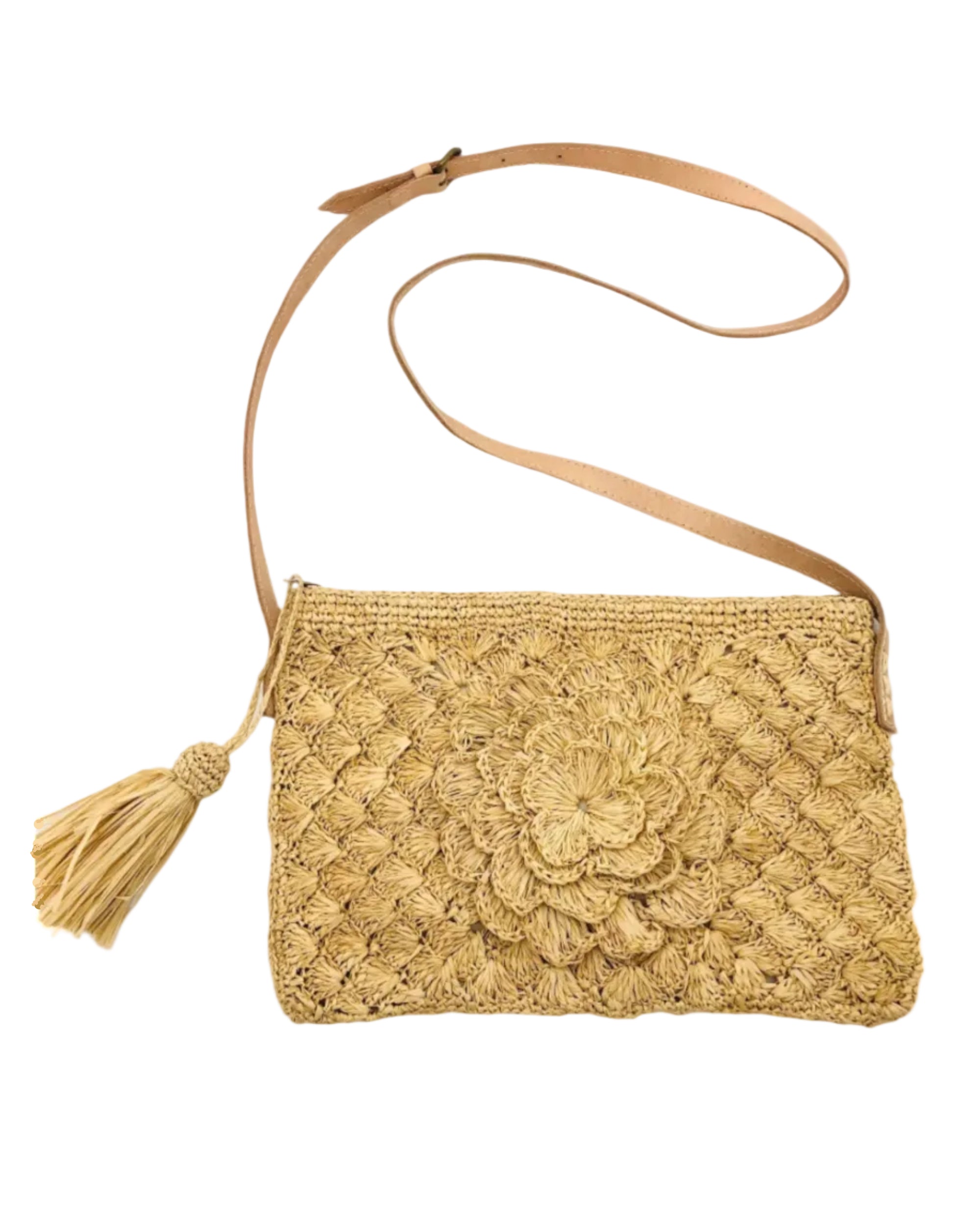 ZaZa Flower Hand Crochet Natural Raffia Palm Fiber Crossbody Bag with adjustable leather strap, zipper closure, and tassel zipper pull in natural straw color textured purse straw handbag - Shebobo