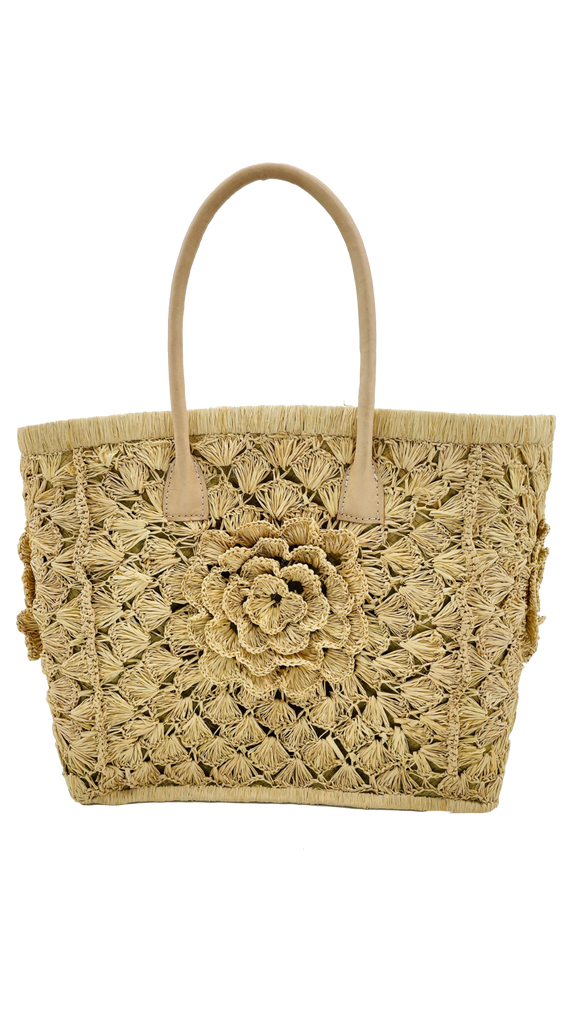 Big flower crochet raffia basket bag natural straw color with leaf or shell pattern detailing and leather handles - Shebobo
