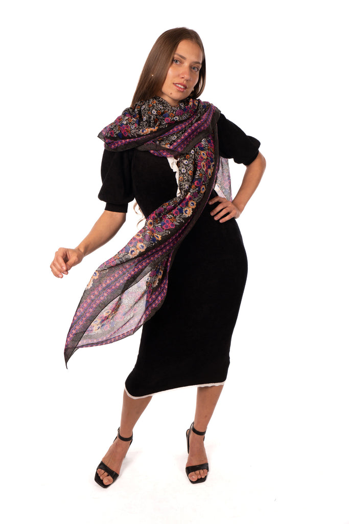 Model wearing Snake Print Scarf Wrap Black and White snake print pattern in the center with solid color edge of Coral orange - Shebobo (with 3" Brim Kate Crochet Natural and Saffron Yellow Straw Bucket Hat)
