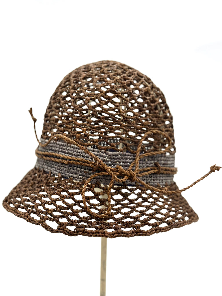 2.5" Brim Maria Cinnamon Crochet Bucket Straw Hat handmade raffia palm fiber crochet in an open loop wave/shell pattern of cinnamon/tobacco/brown with a close weave crochet hat band in contrasting dark grey with adjustable hat band straw sun hat - Shebobo