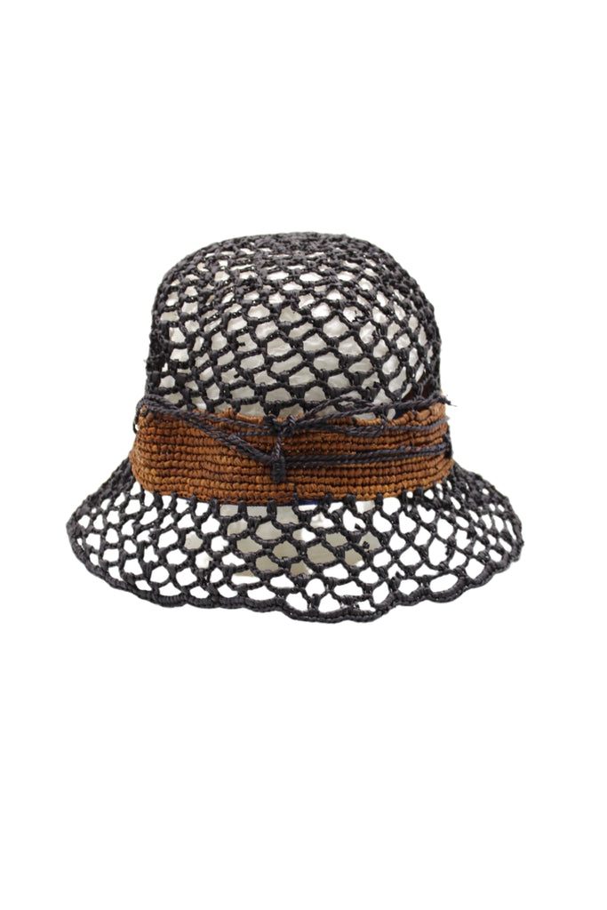 2.5" Brim Maria Black Crochet Bucket Straw Hat handmade raffia palm fiber crochet in an open loop wave/shell pattern of black with a close weave crochet hat band in contrasting cinnamon/tobacco/brown with adjustable hat band straw sun hat - Shebobo