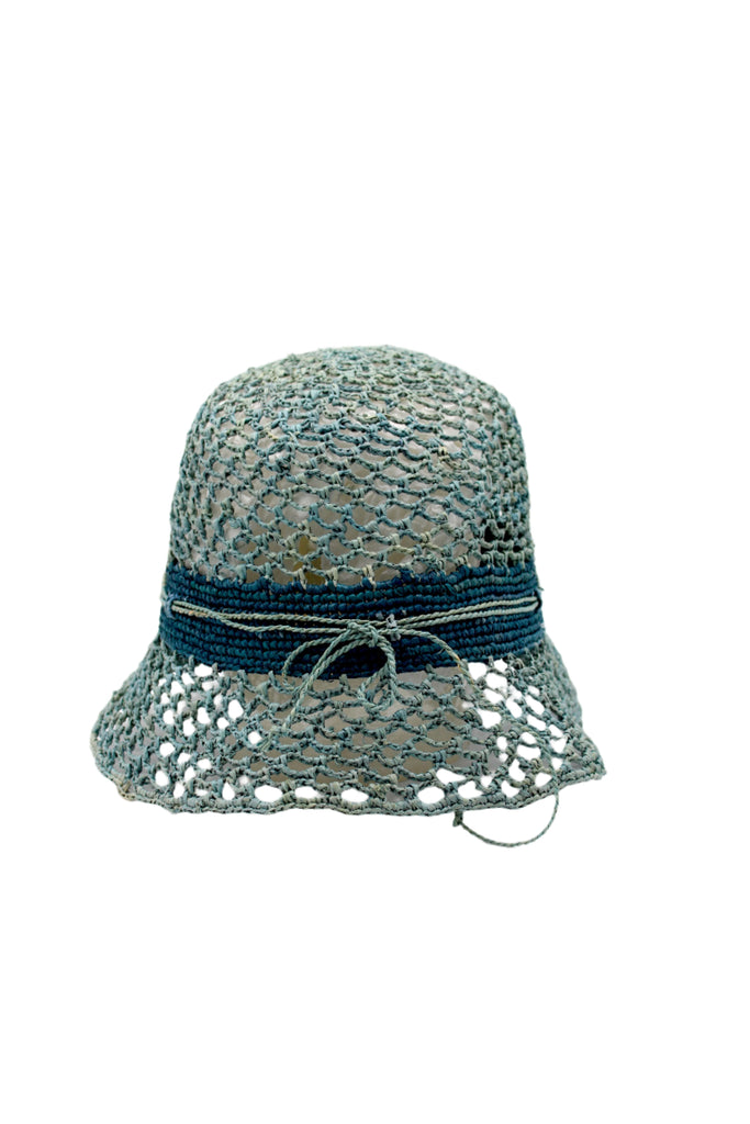 2.5" Brim Maria Blue Crochet Bucket Straw Hat handmade raffia palm fiber crochet in an open loop wave/shell pattern of baby light blue with a close weave crochet hat band in contrasting dark turquoise blue with adjustable hat band straw sun hat - Shebobo