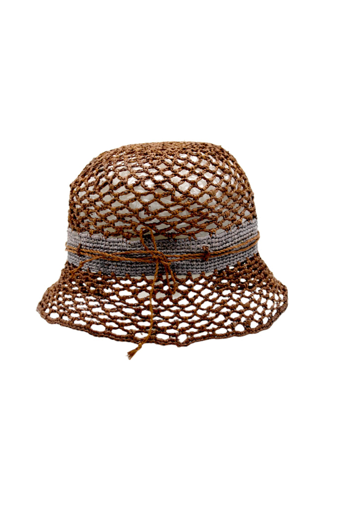 2.5" Brim Maria Cinnamon Crochet Bucket Straw Hat handmade raffia palm fiber crochet in an open loop wave/shell pattern of cinnamon/tobacco/brown with a close weave crochet hat band in contrasting dark grey with adjustable hat band straw sun hat - Shebobo