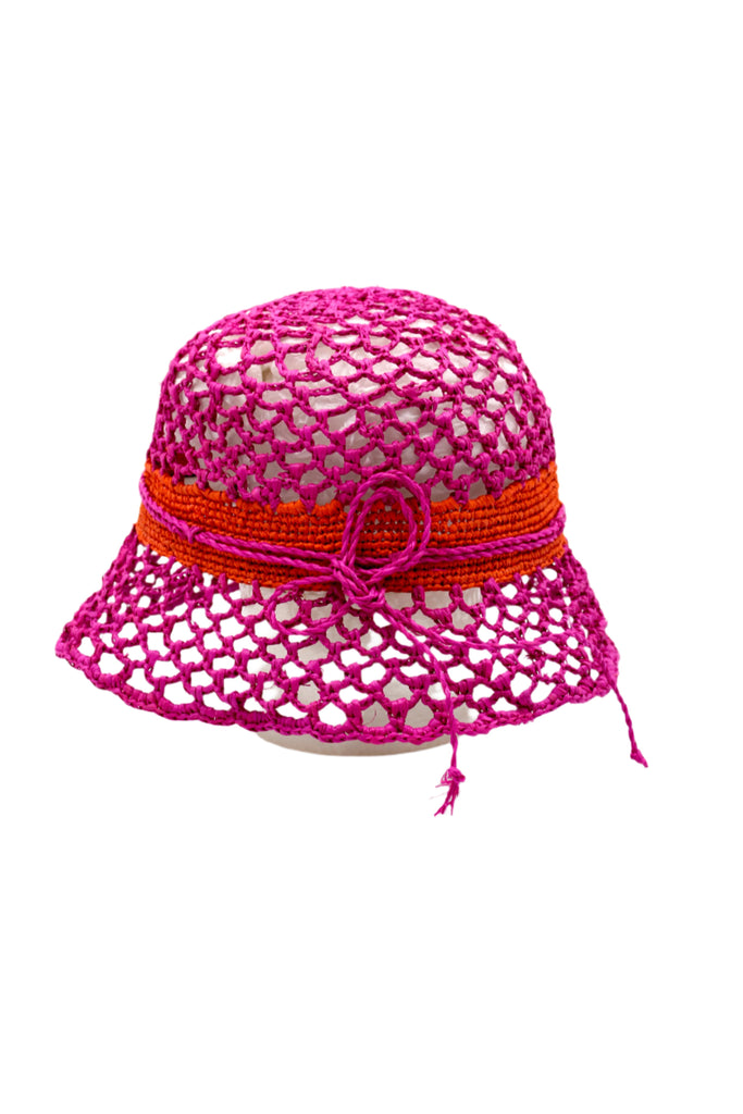 2.5" Brim Maria Fuchsia Crochet Bucket Straw Hat handmade raffia palm fiber crochet in an open loop wave/shell pattern of fuchsia/hot/bright/barbie pink with a close weave crochet hat band in contrasting coral orange/red with adjustable hat band straw sun hat - Shebobo