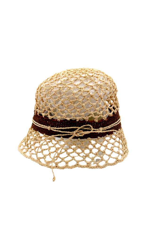 2.5" Brim Maria Natural Crochet Bucket Straw Hat handmade raffia palm fiber crochet in an open loop wave/shell pattern of natural straw color with a close weave crochet hat band in contrasting cinnamon/tobacco/brown with adjustable hat band straw sun hat - Shebobo