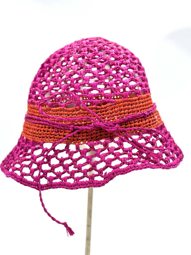 2.5" Brim Maria Fuchsia Crochet Bucket Straw Hat handmade raffia palm fiber crochet in an open loop wave/shell pattern of fuchsia/hot/bright/barbie pink with a close weave crochet hat band in contrasting coral orange/red with adjustable hat band straw sun hat - Shebobo