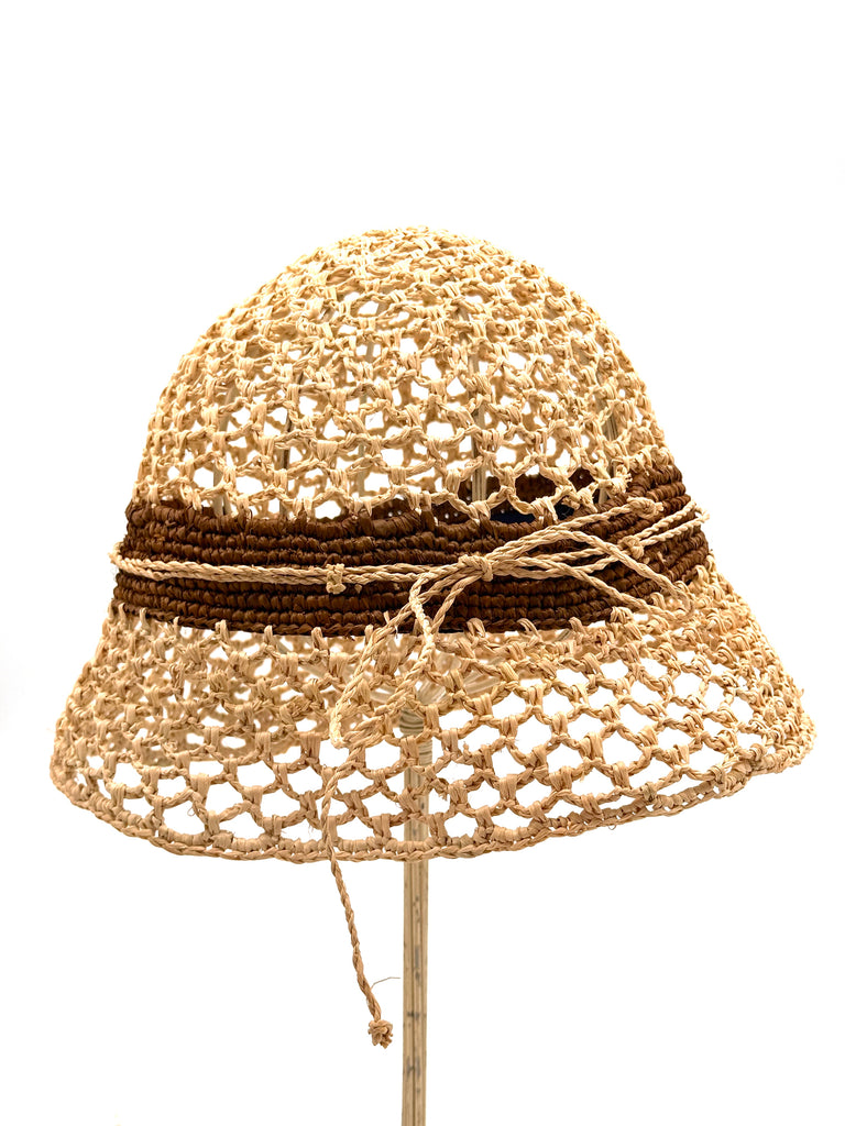 2.5" Brim Maria Natural Crochet Bucket Straw Hat handmade raffia palm fiber crochet in an open loop wave/shell pattern of natural straw color with a close weave crochet hat band in contrasting cinnamon/tobacco/brown with adjustable hat band straw sun hat - Shebobo