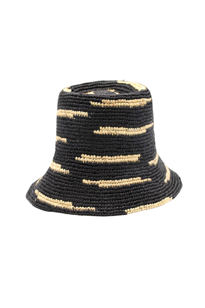 2.5" Brim Taylor Black Crochet Bucket Straw Hat with Zebra Stripes handmade raffia palm fiber in a two tone color combination of horizontal short stripes that create a dash pattern around the hat in black with natural straw color - Shebobo