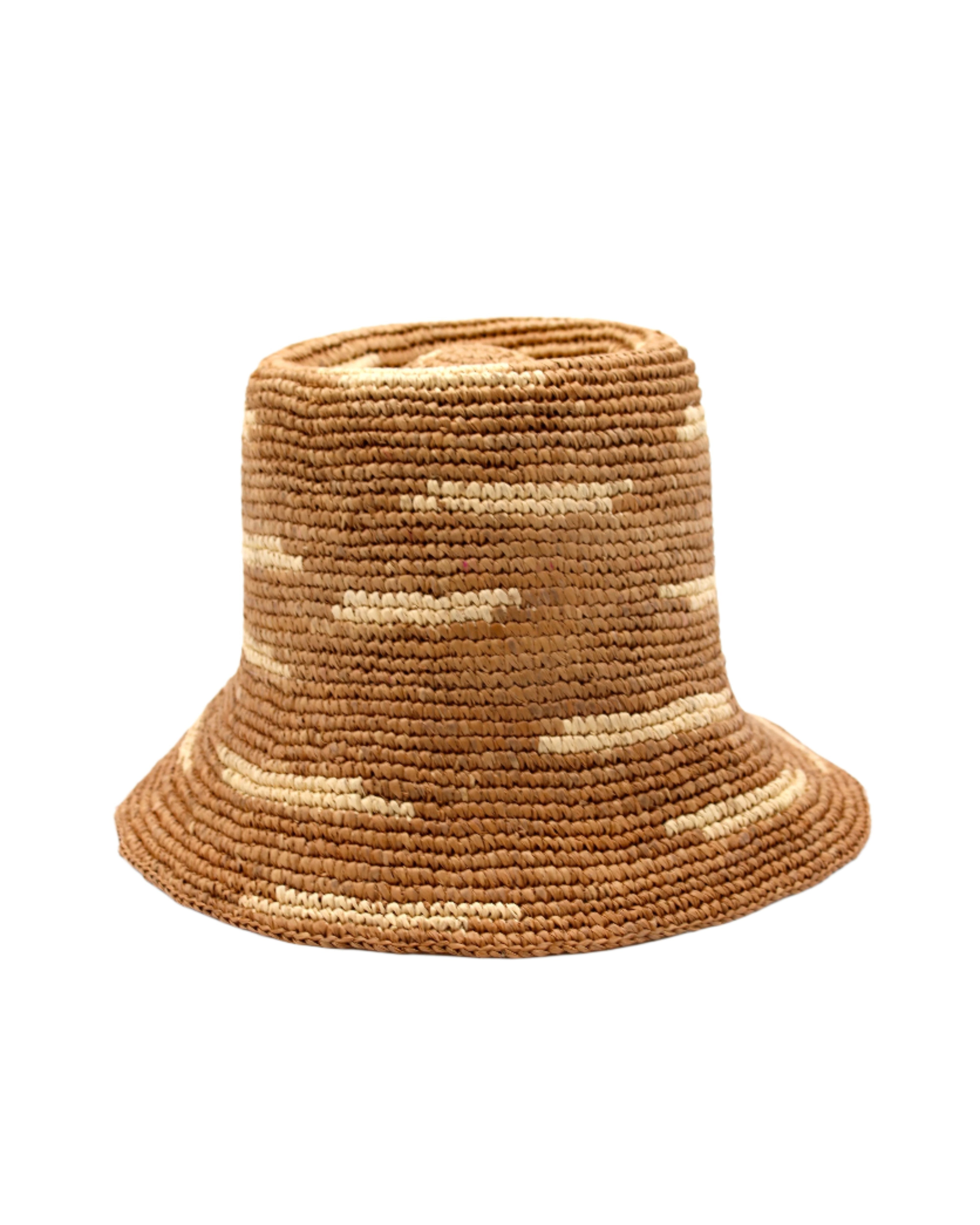 2.5" Brim Taylor Cappuccino Crochet Bucket Straw Hat with Zebra Stripes handmade raffia palm fiber in a two tone color combination of horizontal short stripes that create a dash pattern around the hat in cappuccino light brown with natural straw color - Shebobo