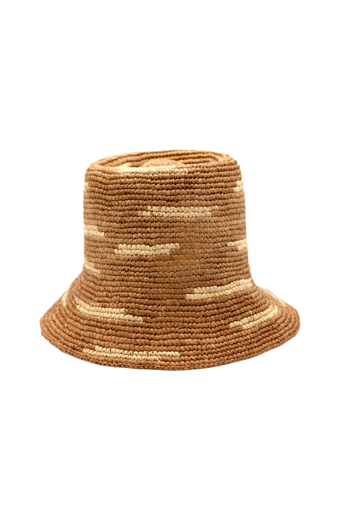 2.5" Brim Taylor Cappuccino Crochet Bucket Straw Hat with Zebra Stripes handmade raffia palm fiber in a two tone color combination of horizontal short stripes that create a dash pattern around the hat in cappuccino light brown with natural straw color - Shebobo