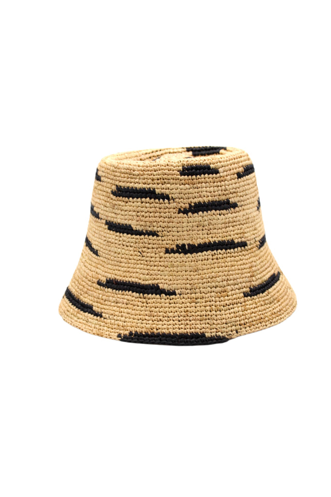 2.5" Brim Taylor Natural Crochet Bucket Straw Hat with Zebra Stripes handmade raffia palm fiber in a two tone color combination of horizontal short stripes that create a dash pattern around the hat in natural straw color with black - Shebobo