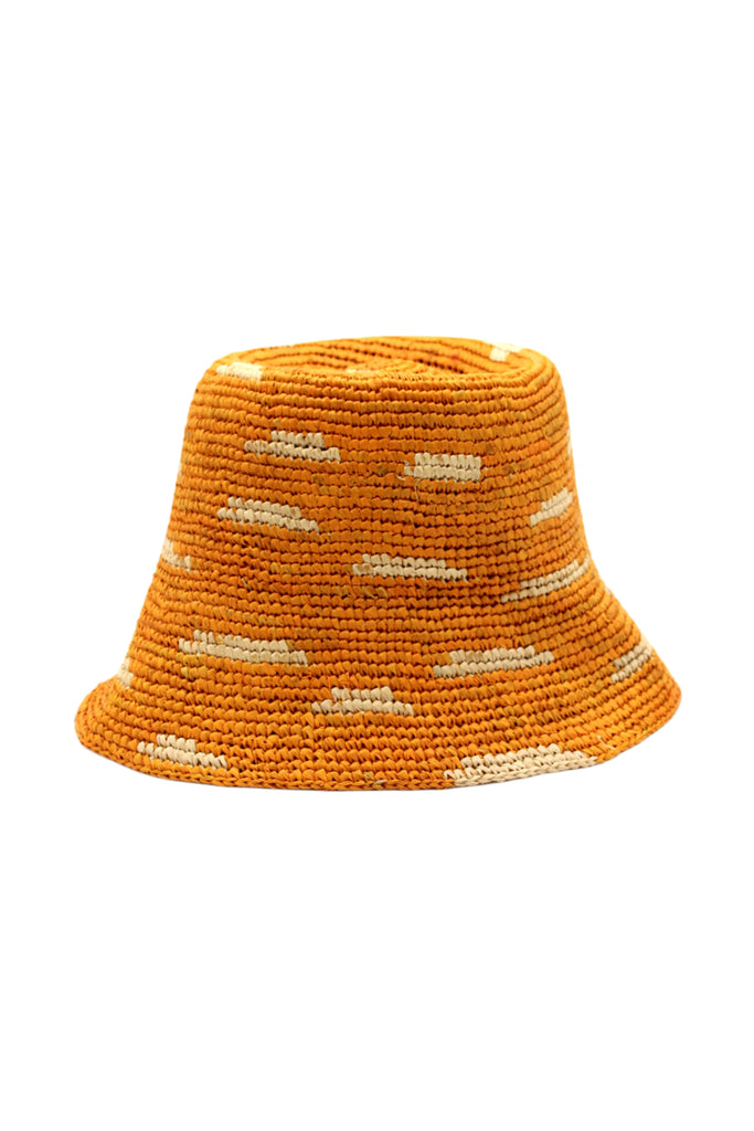 2.5" Brim Taylor Saffron Crochet Bucket Straw Hat with Zebra Stripes handmade raffia palm fiber in a two tone color combination of horizontal short stripes that create a dash pattern around the hat in saffron yellow/orange with natural straw color - Shebobo