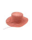 3" Brim Bolero Crochet Straw Sun Hats handmade crochet natural raffia palm fiber in a solid hue of Cherry Blossom pink/orange making a concentric pattern from the center top of the flattened crown spiraling out to the edge of the brim with matching adjustable raffia braid hat band - Shebobo
