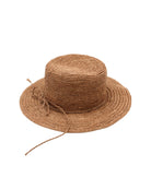 3" Brim Bolero Crochet Straw Sun Hats handmade crochet natural raffia palm fiber in a solid hue of cinnamon dark brown making a concentric pattern from the center top of the flattened crown spiraling out to the edge of the brim with matching adjustable raffia braid hat band - Shebobo