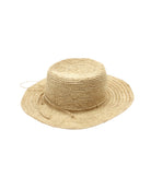 3" Brim Bolero Crochet Straw Sun Hats handmade crochet natural raffia palm fiber in a solid hue of natural straw color making a concentric pattern from the center top of the flattened crown spiraling out to the edge of the brim with matching adjustable raffia braid hat band - Shebobo