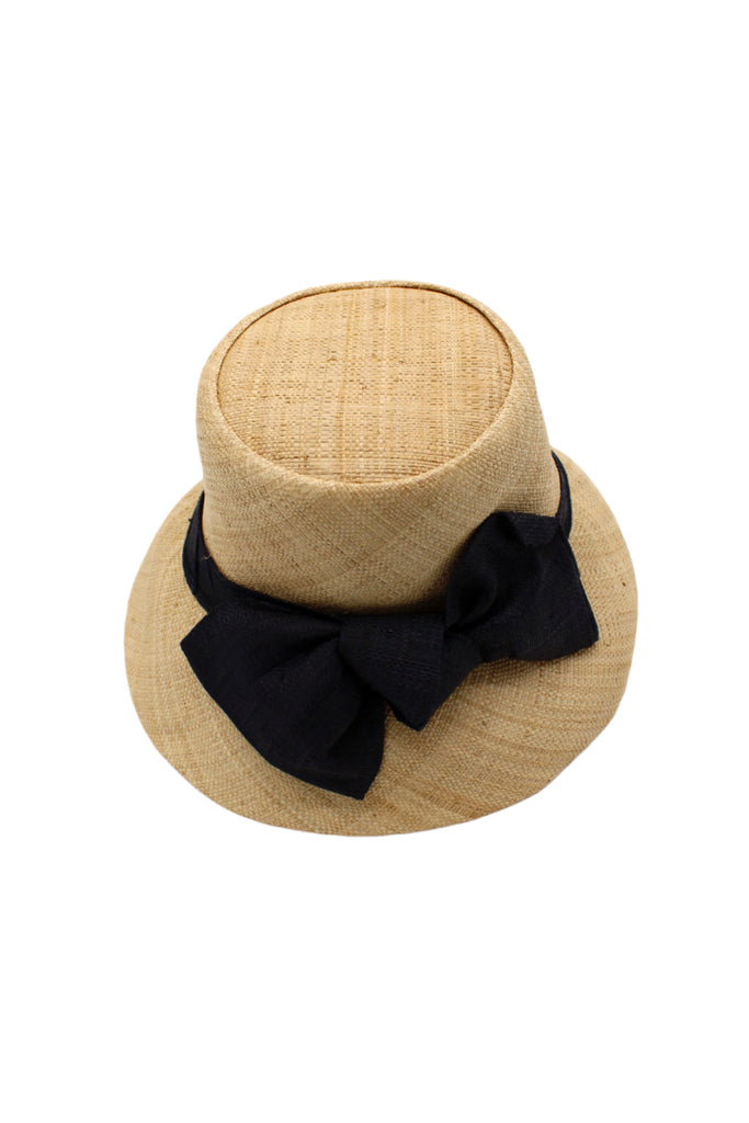 Cara Big Bow Straw Hat Handmade loomed raffia straw hat solid natural bucket hat with large black bow - Shebobo