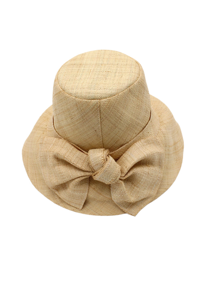 Cara Natural straw color big bow embellishment handmade loomed raffia straw bucket style cloche sun hat - Shebobo