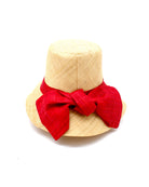 Cara Big Bow Straw Hat Handmade loomed raffia straw hat solid natural bucket hat with large red bow - Shebobo
