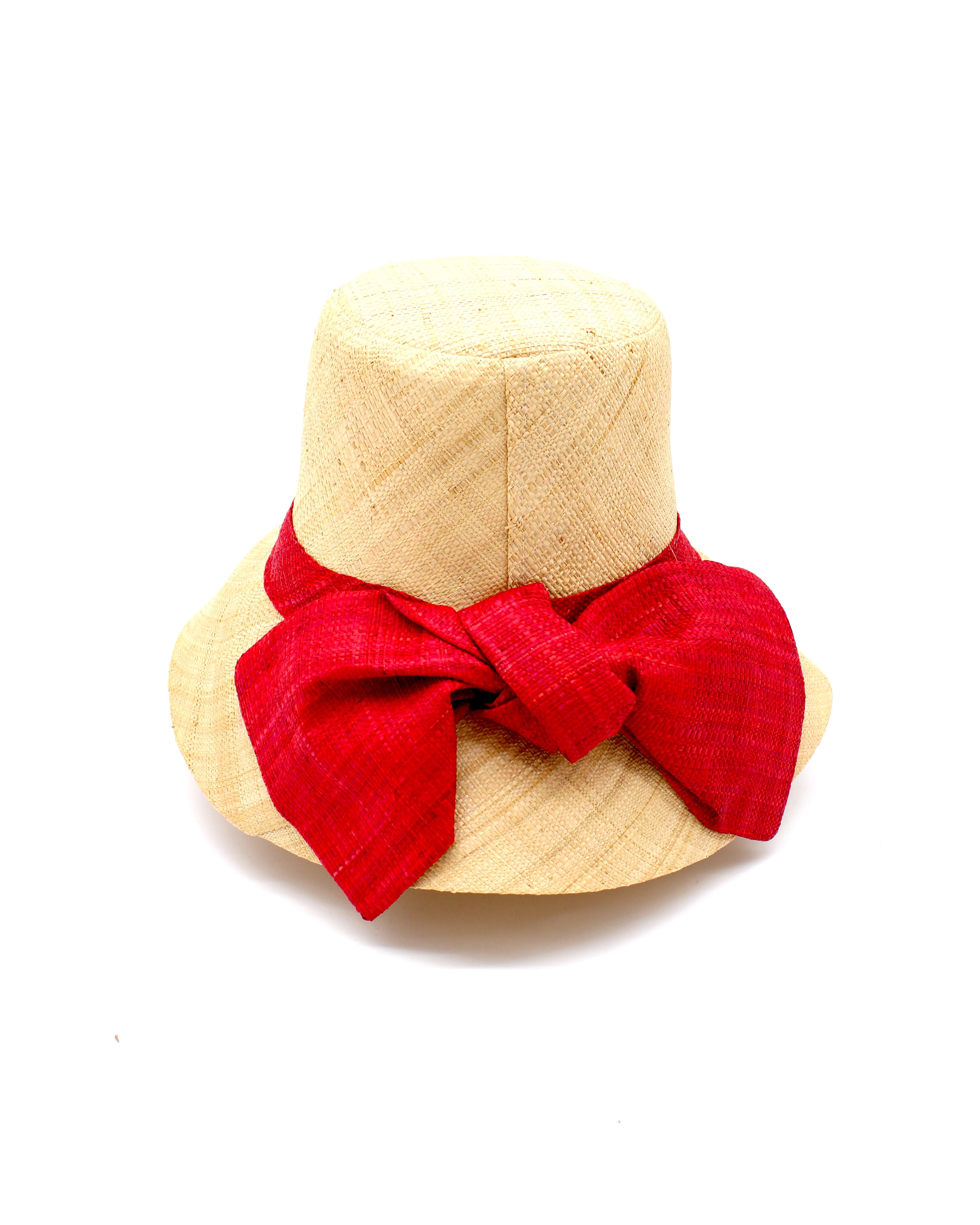 Cara Big Bow Straw Hat Handmade loomed raffia straw hat solid natural bucket hat with large red bow - Shebobo