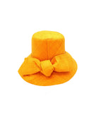 Cara Saffron big bow embellishment handmade loomed raffia in a solid hue of saffron yellow/orange straw bucket style cloche sun hat with matching oversized bow - Shebobo