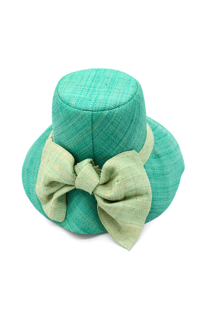 Cara Seafoam Big Bow Straw Hat handmade loomed raffia clearwater color - light greenish-blue/teal/turquoise colored bucket style cloche sun hat with large bow embellishment in a slightly lighter tone - Shebobo