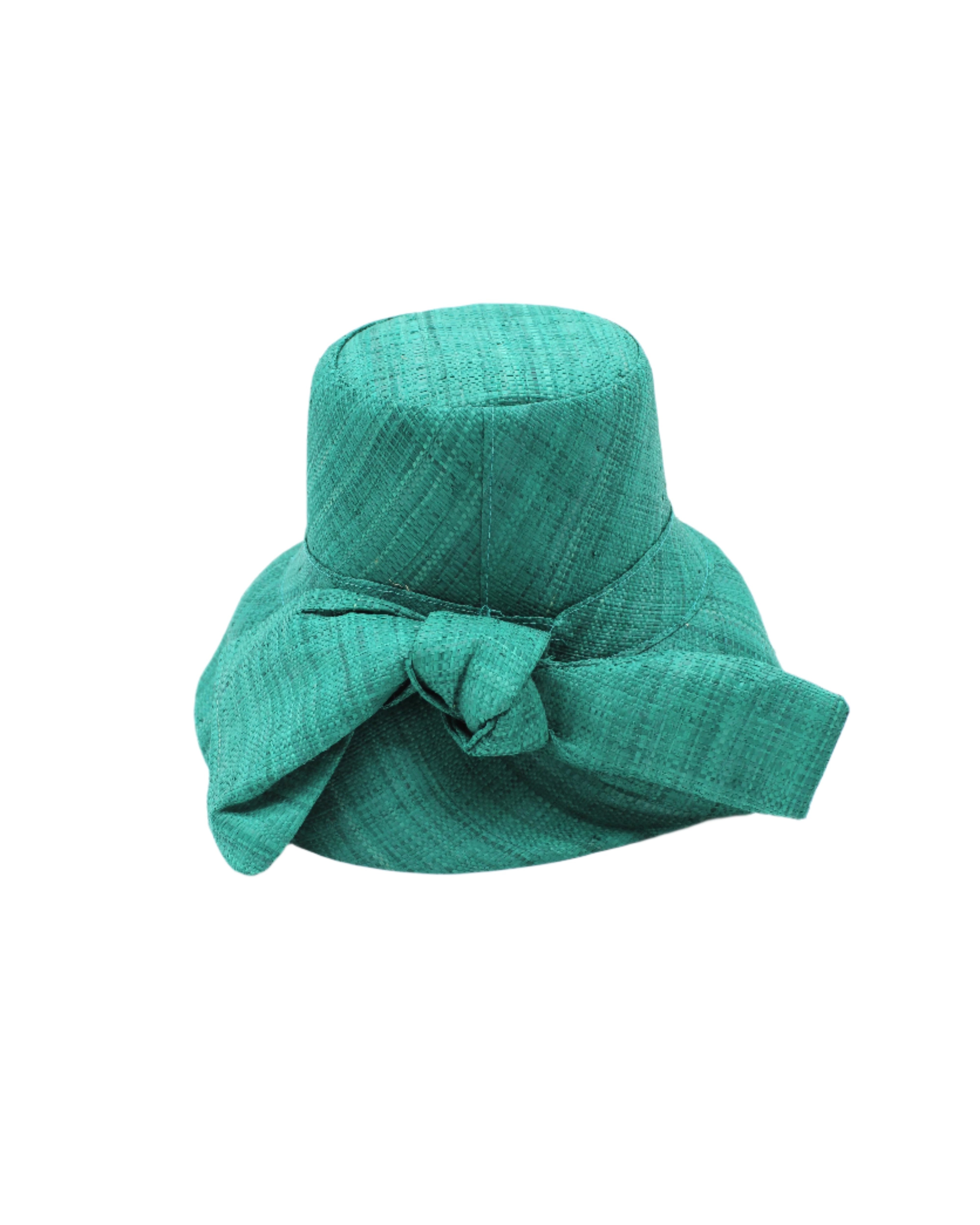 Cara Teal big bow embellishment handmade loomed raffia in a solid hue of teal dark/blue/green straw bucket style cloche sun hat with matching oversized bow - Shebobo