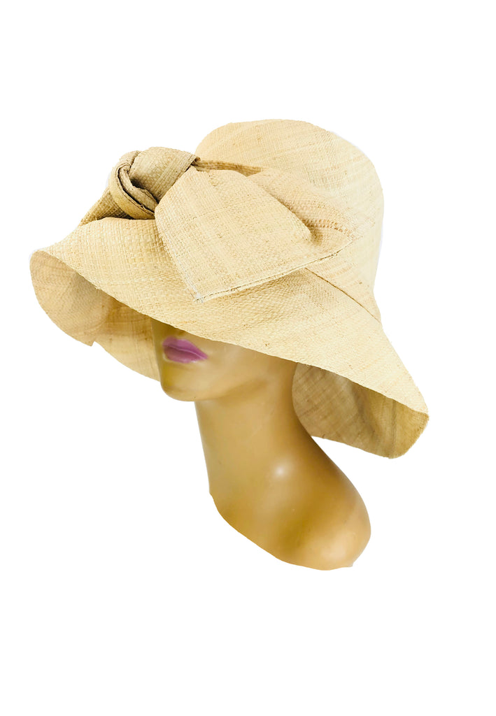 Cara Natural straw color big bow embellishment handmade loomed raffia straw bucket style cloche sun hat - Shebobo