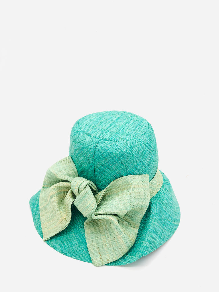 Cara Seafoam Big Bow Straw Hat handmade loomed raffia clearwater color - light greenish-blue/teal/turquoise colored bucket style cloche sun hat with large bow embellishment in a slightly lighter tone - Shebobo