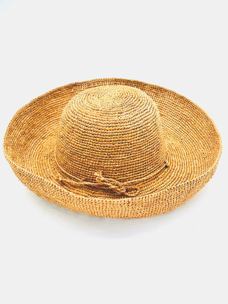 Leor crochet straw hat handmade Blush orange/pink color raffia 3" brim packable straw hat with matching adjustable band - Shebobo