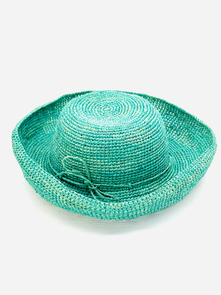 Leor Seafoam crochet straw hat handmade Seafoam blue/green color raffia 3" brim packable straw hat with matching adjustable braided hat band - Shebobo