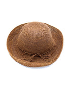 Leor Cinnamon crochet straw hat handmade woven natural raffia palm fiber in a solid hue of cinnamon/tobacco/brown 3" brim packable straw hat with matching adjustable braided hat band - Shebobo