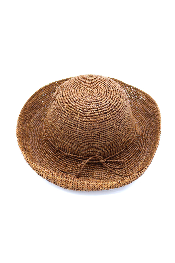 Leor Cinnamon crochet straw hat handmade woven natural raffia palm fiber in a solid hue of cinnamon/tobacco/brown 3" brim packable straw hat with matching adjustable braided hat band - Shebobo