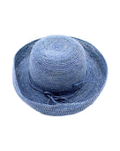 Leor Denim crochet straw hat handmade woven natural raffia palm fiber in a solid hue of denim/retro/light/blue color 3" brim packable straw hat with matching adjustable braided hat band - Shebobo