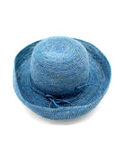 Leor Denim crochet straw hat handmade woven natural raffia palm fiber in a solid hue of denim/retro/light/blue color 3" brim packable straw hat with matching adjustable braided hat band - Shebobo