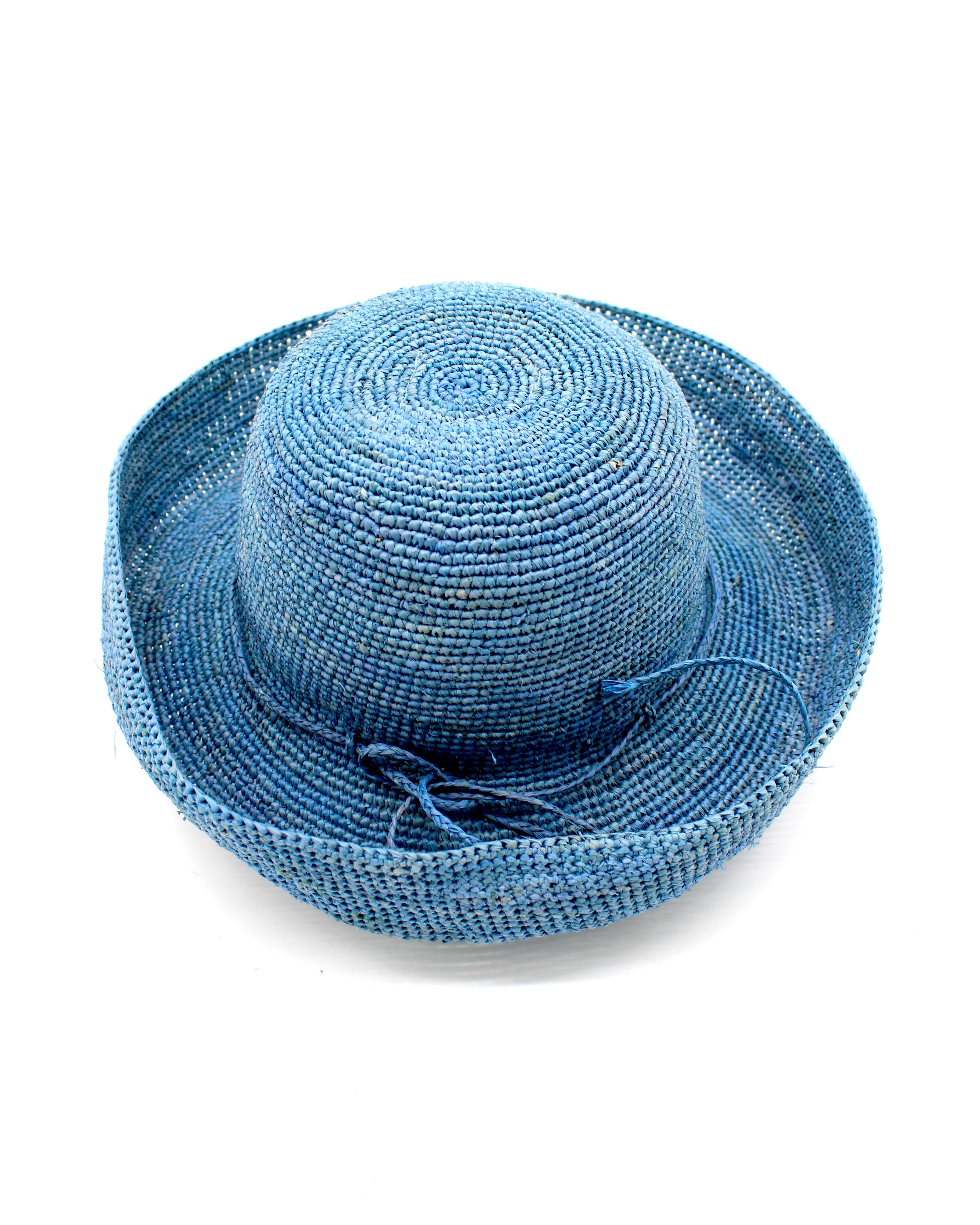 Leor Denim crochet straw hat handmade woven natural raffia palm fiber in a solid hue of denim/retro/light/blue color 3" brim packable straw hat with matching adjustable braided hat band - Shebobo