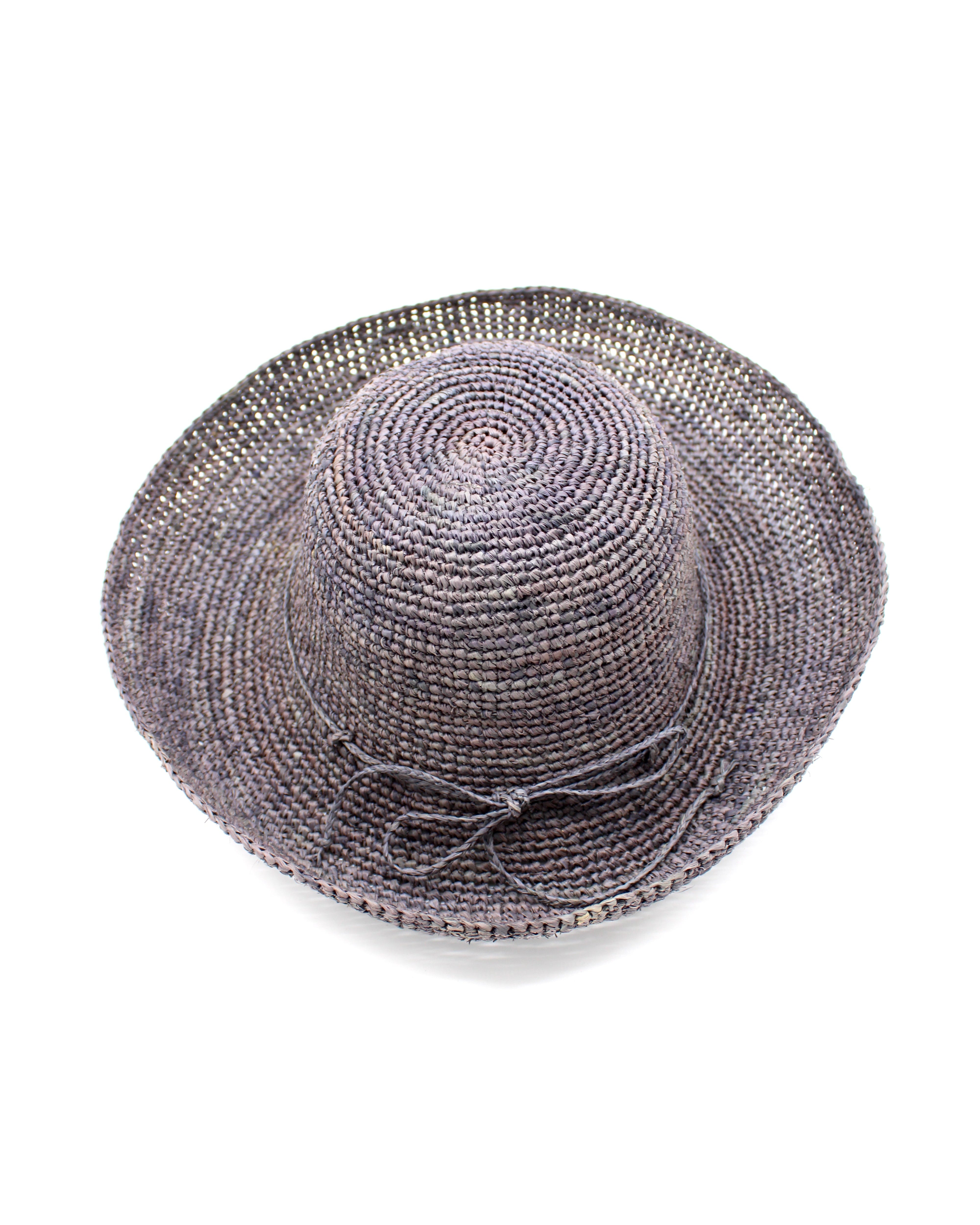 Leor Grey crochet straw hat handmade woven natural raffia palm fiber in a solid hue of grey raffia 3" brim packable straw hat with matching adjustable braided hat band - Shebobo