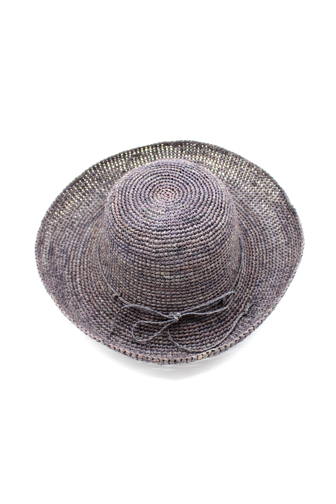 Leor Grey crochet straw hat handmade woven natural raffia palm fiber in a solid hue of grey raffia 3" brim packable straw hat with matching adjustable braided hat band - Shebobo