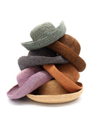 Multiple Color Options 3" Brim Leor Crochet Straw Sun Hats top to bottom Ocean Mist Green, Cinnamon/Tobacco/Brown, Grey, Blush Pink/Orange, Wisteria Purple, and Natural straw color handmade woven crochet natural raffia palm fiber sun hats - Shebobo